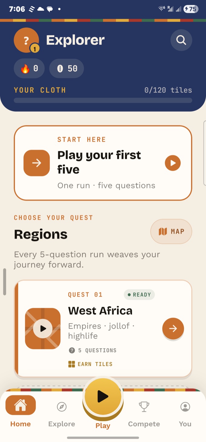 The current Baobab home screen showing the player's cloth, first five-question run, and West Africa quest.