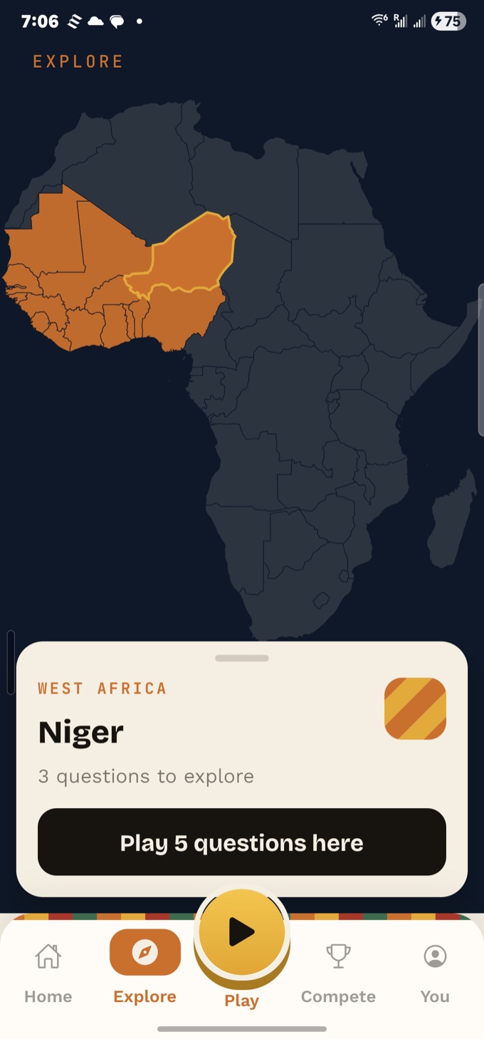 The current Baobab Explore screen showing the interactive map of Africa and a country challenge.