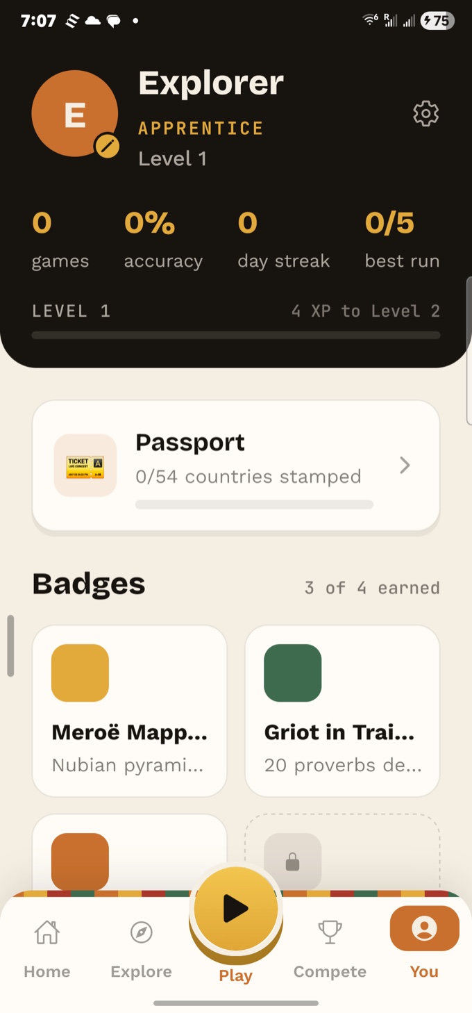 The current Baobab profile screen showing level progress, Passport stamps, and earned badges.